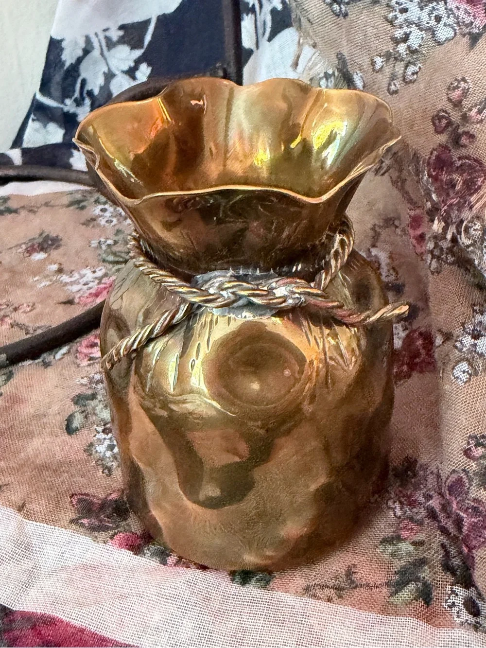 Vintage Money Bag Brass Vase Made in Spain Hammered Rope Trim Boho Decor
